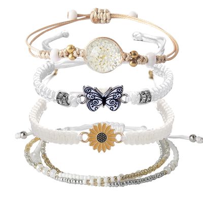 DS 4PCS String Bracelets for Teen Girls Handmade Sunflower Butterfly Eternal flowers Braided Rope Charms Boho Surfer Friendship Bracelet for Women Adjustable beaded bracelet birthday Gift For Friends