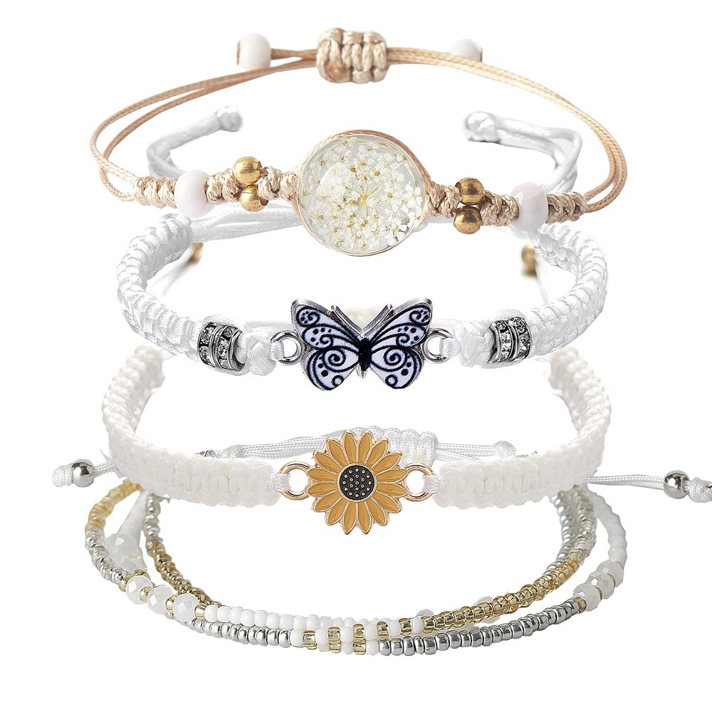DS 4PCS String Bracelets for Teen Girls Handmade Sunflower Butterfly Eternal flowers Braided Rope Charms Boho Surfer Friendship Bracelet for Women Adjustable beaded bracelet birthday Gift For Friends
