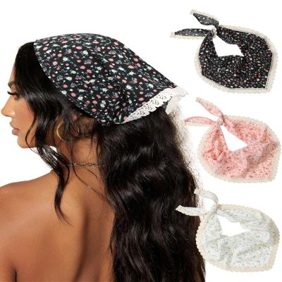AWAYTR 3Pcs Hair Bandanas Head Kerchief for Women Girls Tie-Back Boho Hair Scarf Headband Bandana Triangle Head Scarf (Flower - White/Pink/Black)