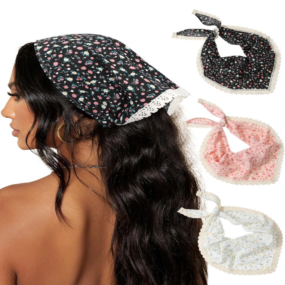AWAYTR 3Pcs Hair Bandanas Head Kerchief for Women Girls Tie-Back Boho Hair Scarf Headband Bandana Triangle Head Scarf (Flower - White/Pink/Black)