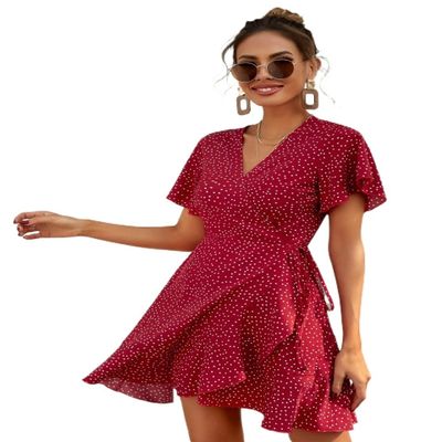 BOPOCO Dresses for Women Dress Women's Dress Polka Dot Knot Side Wrap -line Dress Dress (Color : Burgundy, Size : X-Small)