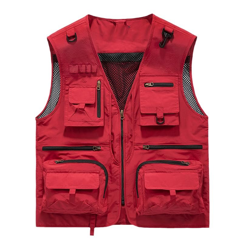 CJQJPNZ Tactical Hiking Vest for Men with Mesh and Multiple Pockets, Perfect for Fishing Red XL