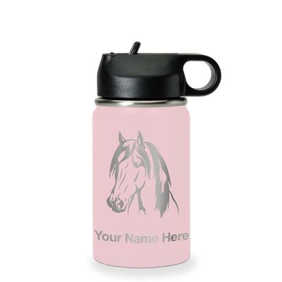 LaserGram Personalized Water Bottle, Horse Head 1, Stainless Steel Double Wall Vacuum Insulated with Flip Top Straw, Custom Engraved Gift (12oz / 335ml Pink)