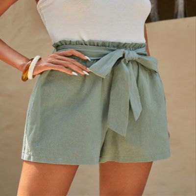 AKIOLOAS Women's Shorts Paperbag Waist Belted Wide Leg Shorts Women's Shorts Shorts for Women (Color : Mint Green, Size : Small)