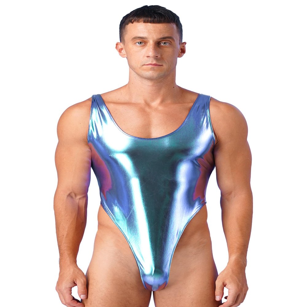 Hularka Men's Shiny Sparkly One Piece Swimsuit Holographic High Cut Tank Bodysuit Bathing Suits Colorful XX-Large