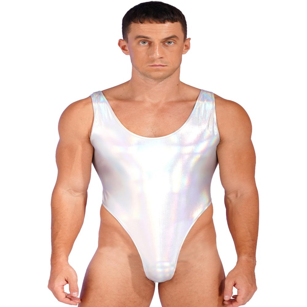 easyforever Men's Sexy One Piece Bikini Swimsuits Metallic High Cut Thong Leotard Underwear Silver Large