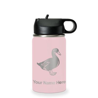 LaserGram Personalized Water Bottle, Duck, Stainless Steel Double Wall Vacuum Insulated with Flip Top Straw, Custom Engraved Gift (12oz / 335ml Pink)