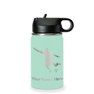 LaserGram Personalized Water Bottle, Soccer Player Man, Stainless Steel Double Wall Vacuum Insulated with Flip Top Straw, Custom Engraved Gift (12oz / 335ml Teal)