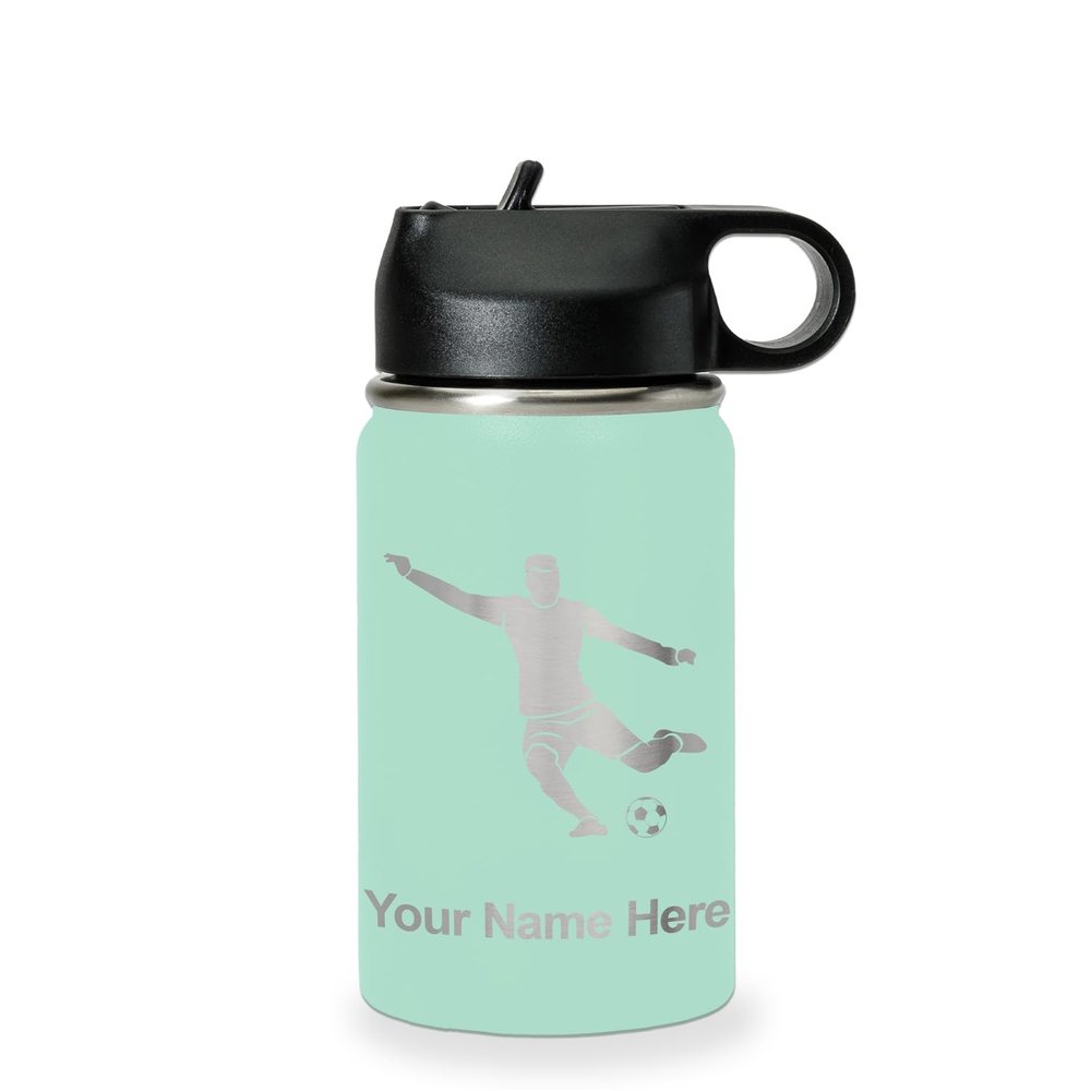 LaserGram Personalized Water Bottle, Soccer Player Man, Stainless Steel Double Wall Vacuum Insulated with Flip Top Straw, Custom Engraved Gift (12oz / 335ml Teal)