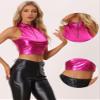 Allegra K Metallic Crop Tops for Women's Mock Neck Zip Up Sleeveless Shiny Holographic Tank Top Small Hot Pink view 4