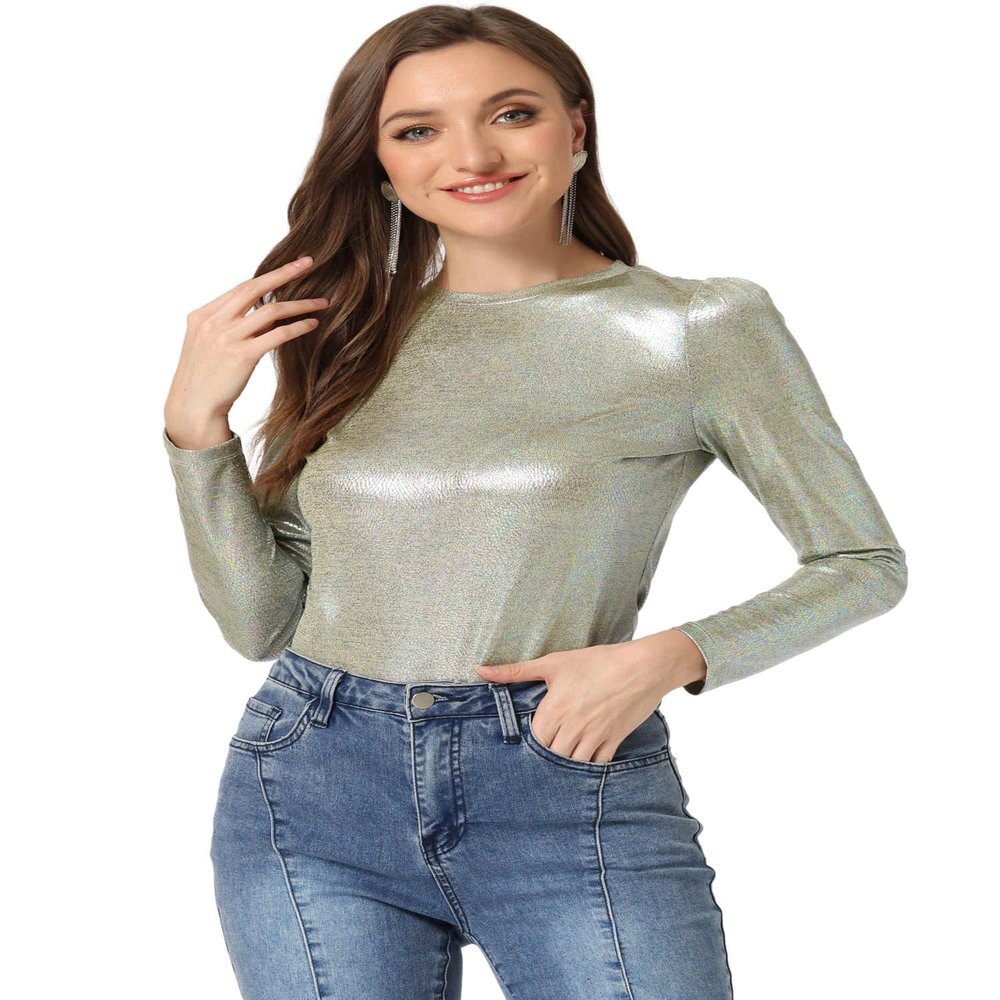 Allegra K Halloween Metallic Shirts for Women's Sparkly Disco Party Shiny Tops Small Silver