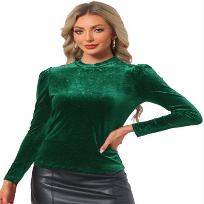 Allegra K Velvet Tops for Women's Puff Long Sleeve Mock Neck Vintage Christmas Shiny Metallic Blouse X-Large Dark Green