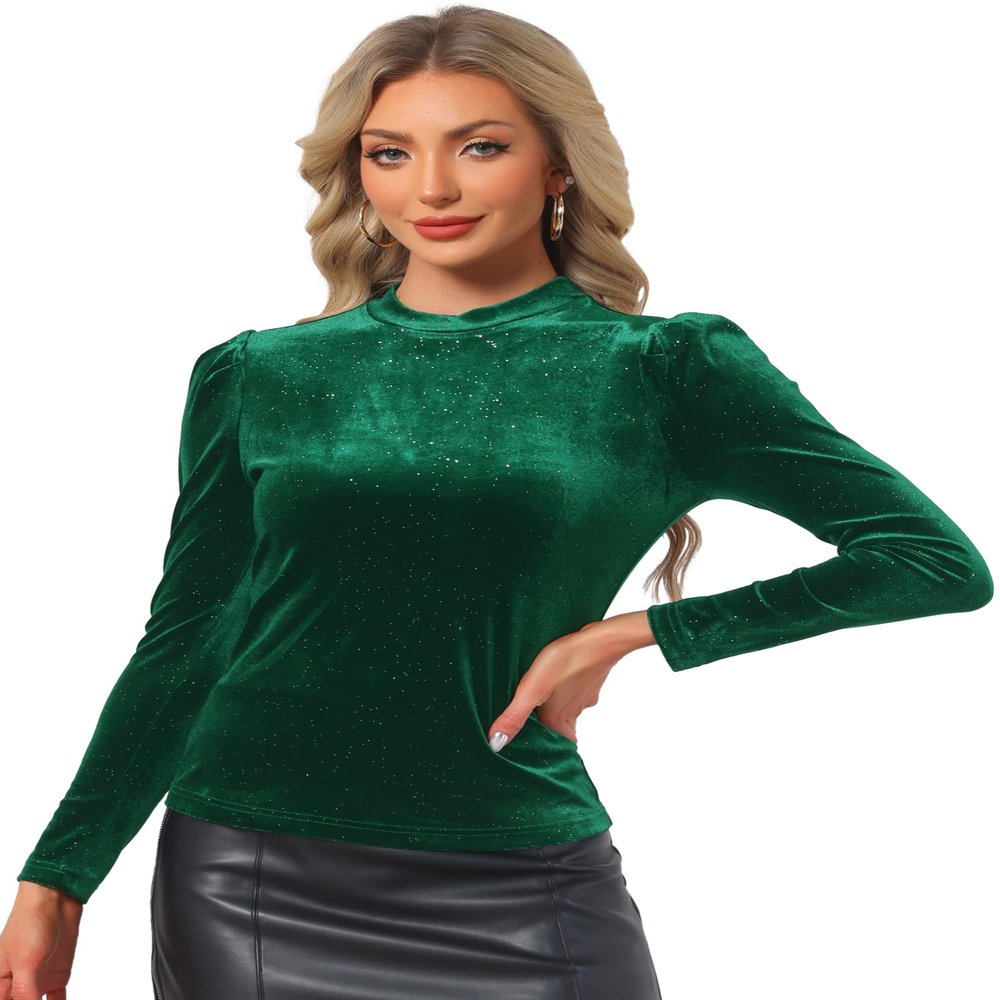 Allegra K Velvet Tops for Women's Puff Long Sleeve Mock Neck Vintage Christmas Shiny Metallic Blouse X-Large Dark Green