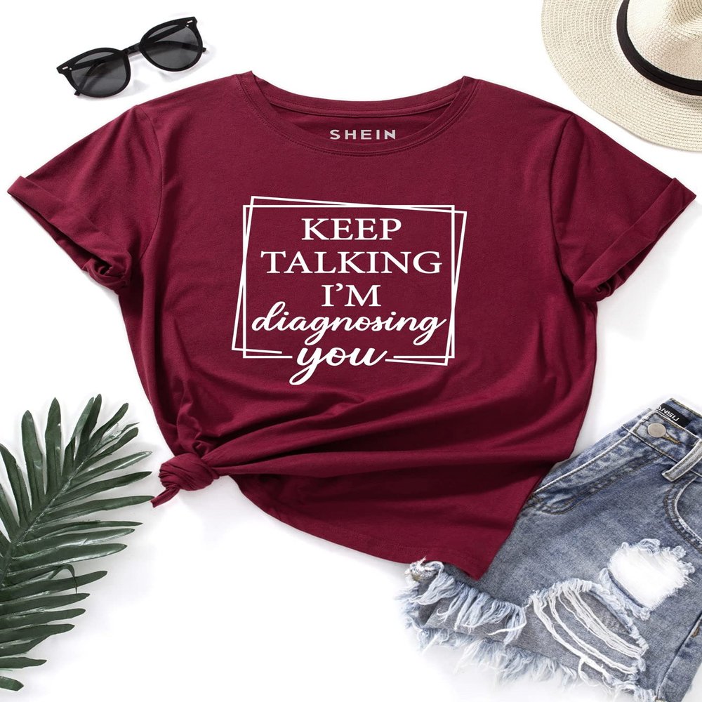 ALBVLE Women's T-Shirt Slogan Graphic Tee T-Shirt for Women (Color : Burgundy, Size : Medium)