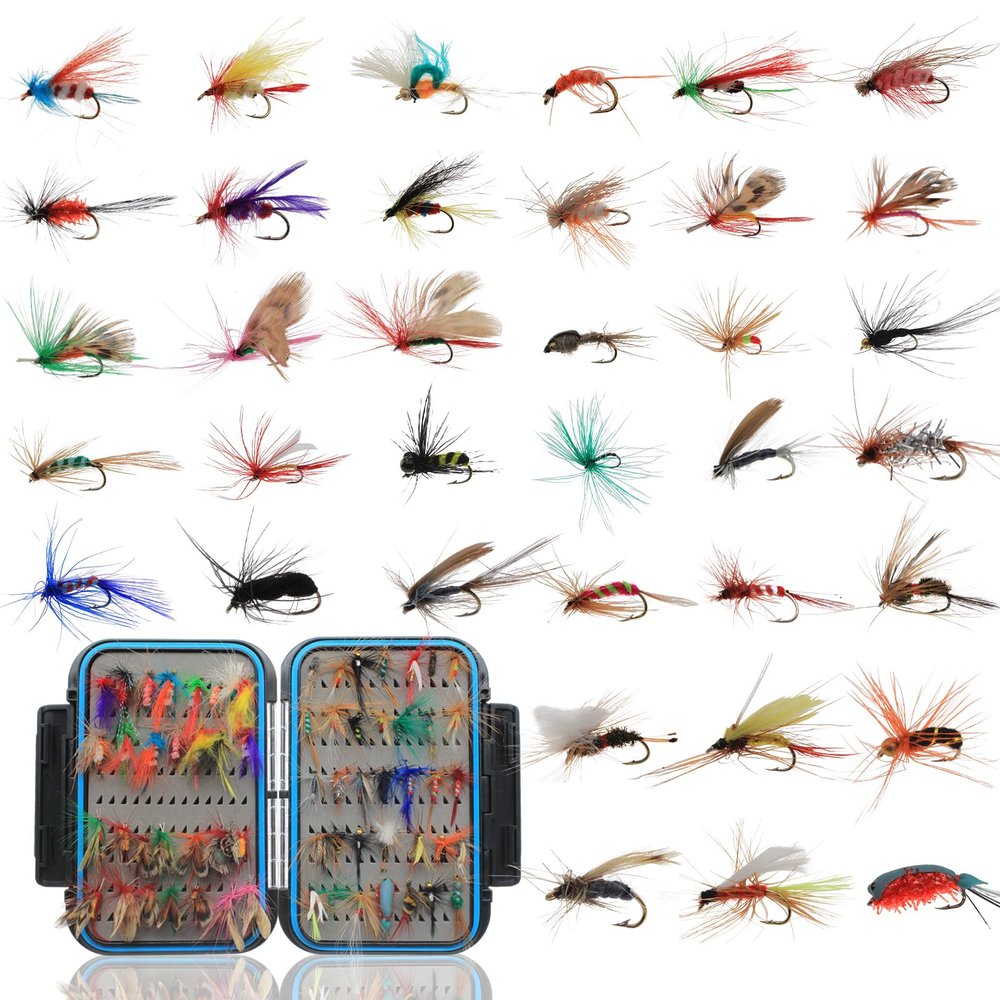 Lilureena Fly Fishing Flies Kit, 64pcs Dry/Wet Flies Handmade Fly Fishing Lures with Fly Box Fly Fishing Assortment Kit Streamers Nymphs Fishing Flies Bait for Trout Bass Salmon