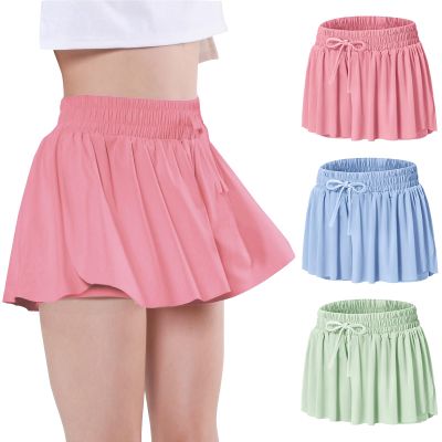EXARUS 3 Pack Girls Shorts Butterfly Flowy Athletic Skort Dance Cheer Outfits Teen Running Skirts Preppy Tennis 2 in 1 Flutter Gym Kids Tween Clothes Blue Pink Green 8Y