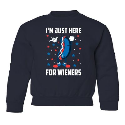 GamesDur Just Here for Wieners Independence Day 4th of July Youth Crewneck Sweatshirt (Navy, Youth Medium)