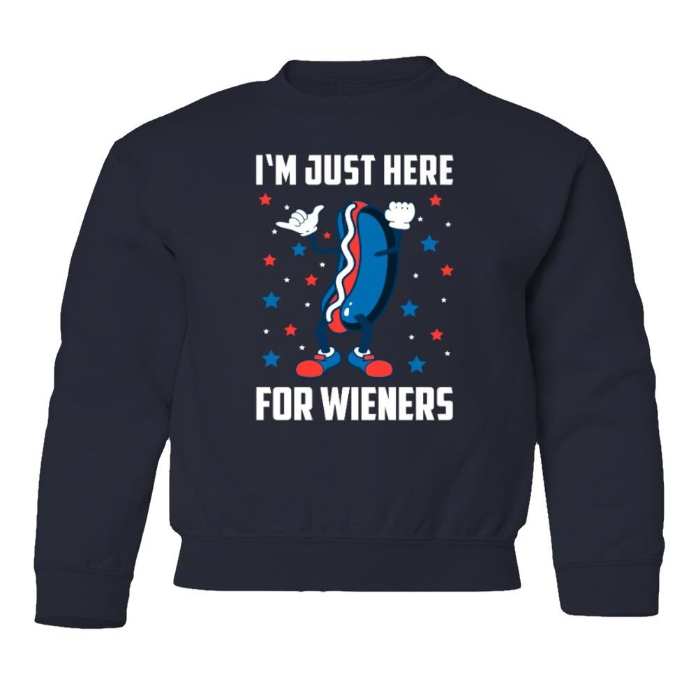 GamesDur Just Here for Wieners Independence Day 4th of July Youth Crewneck Sweatshirt (Navy, Youth Medium)