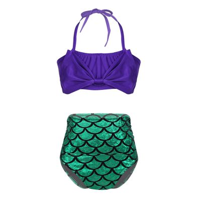 Moily Kids Girls Shiny Mermaid Bikini Set Bowknot Halter Top with Briefs Bottoms 2 Piece Swimming Bathing Suit M-Deep Purple 3-4