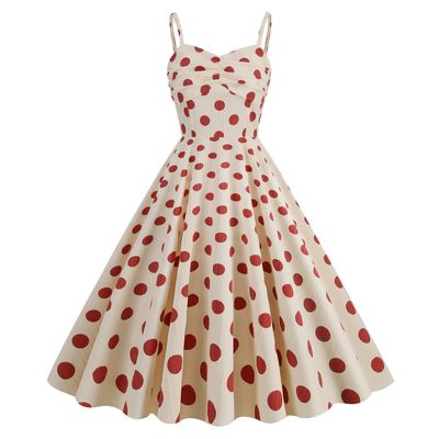 1950 Housewife Dress for Women Sleeveless Spaghetti Straps Audrey Hepburn Vintage Polka Dot Dress 40s 50s Rockabilly Dresses 60s Tea Party Swing Dress Apricot Red Polka Large