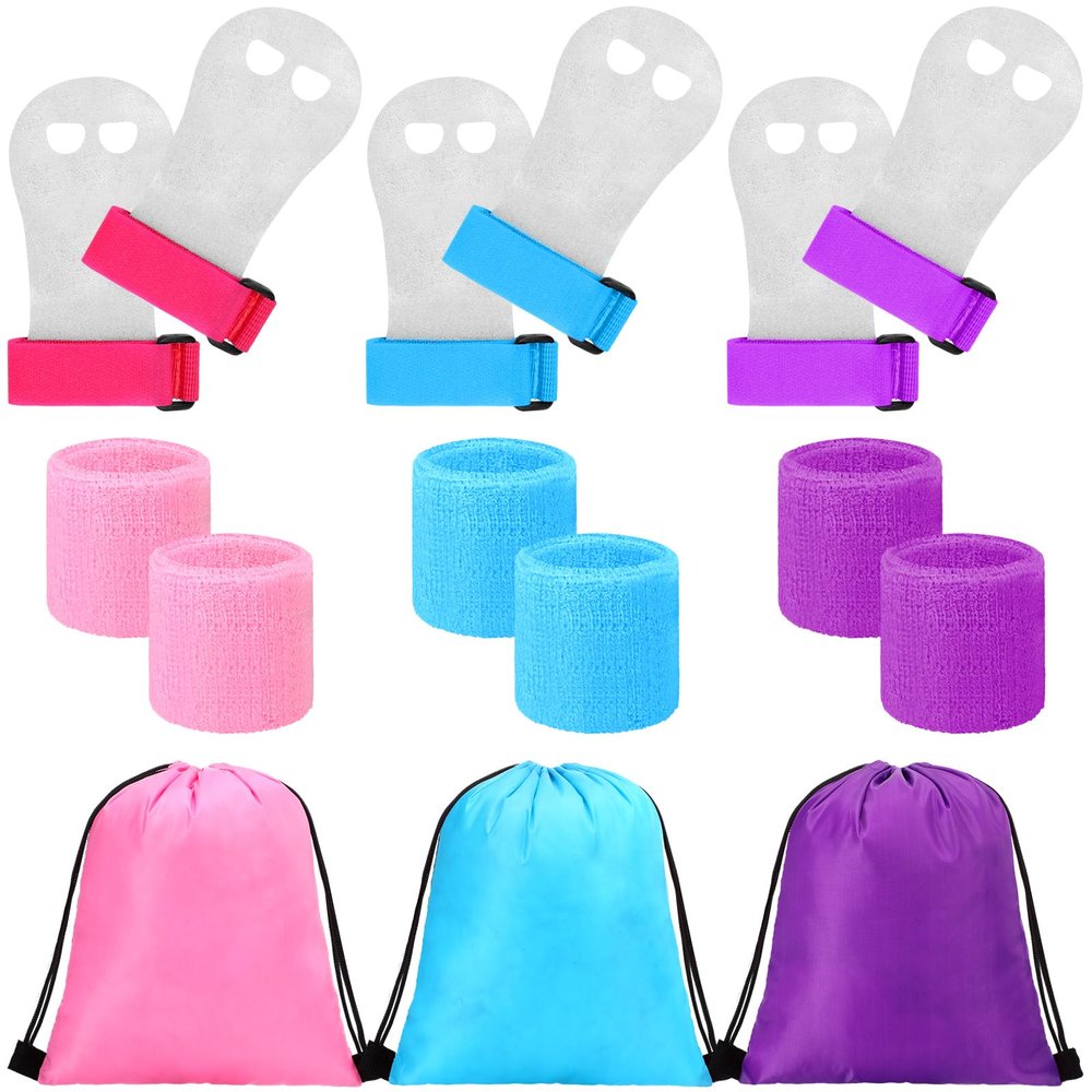 Jenaai 9 Pcs Gymnastics Hand Grips Gloves Wristbands with Drawstring Backpack for Girls Youth Kids Gymnastics Bar Palm Protection Bar Grips Sports Wrist Support Cinch Bags(Bright Color,S)