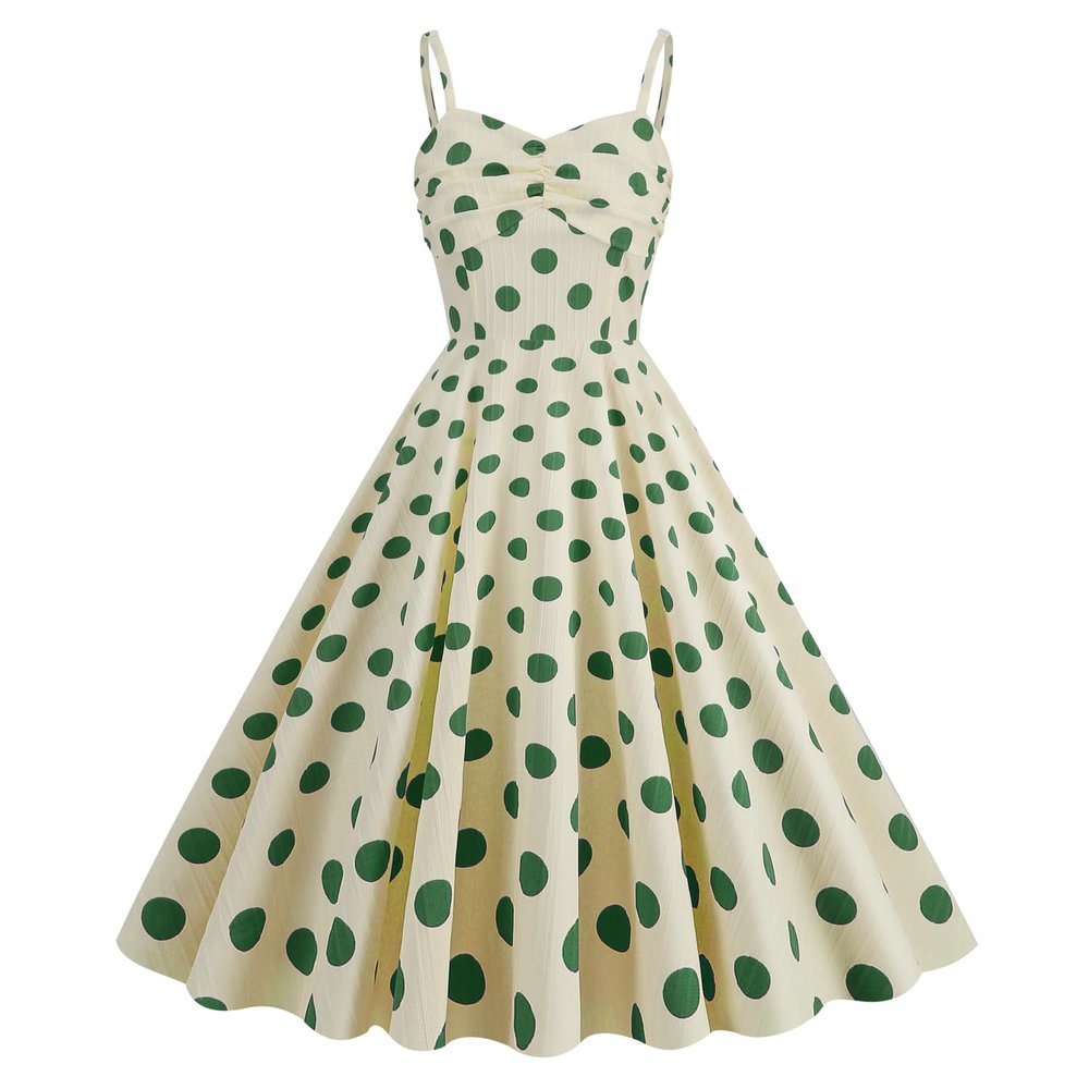 1950 Housewife Dress for Women Sleeveless Spaghetti Straps Audrey Hepburn Vintage Polka Dot Dress 40s 50s Rockabilly Dresses 60s Tea Party Swing Dress Apricot Green Polka Small
