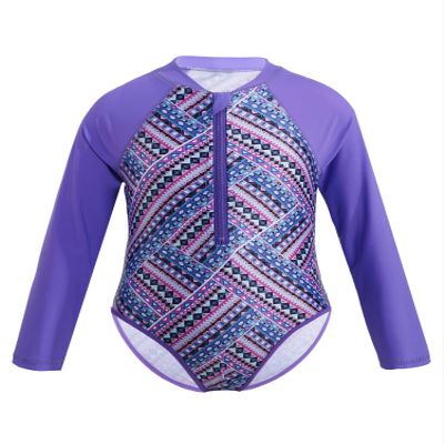 YOOJIA Kids Girls One-Piece Swimwear Tropical Style Rash Guard Long Sleeves Swimsuit Palm Zippered Bathing Suit Purple 14