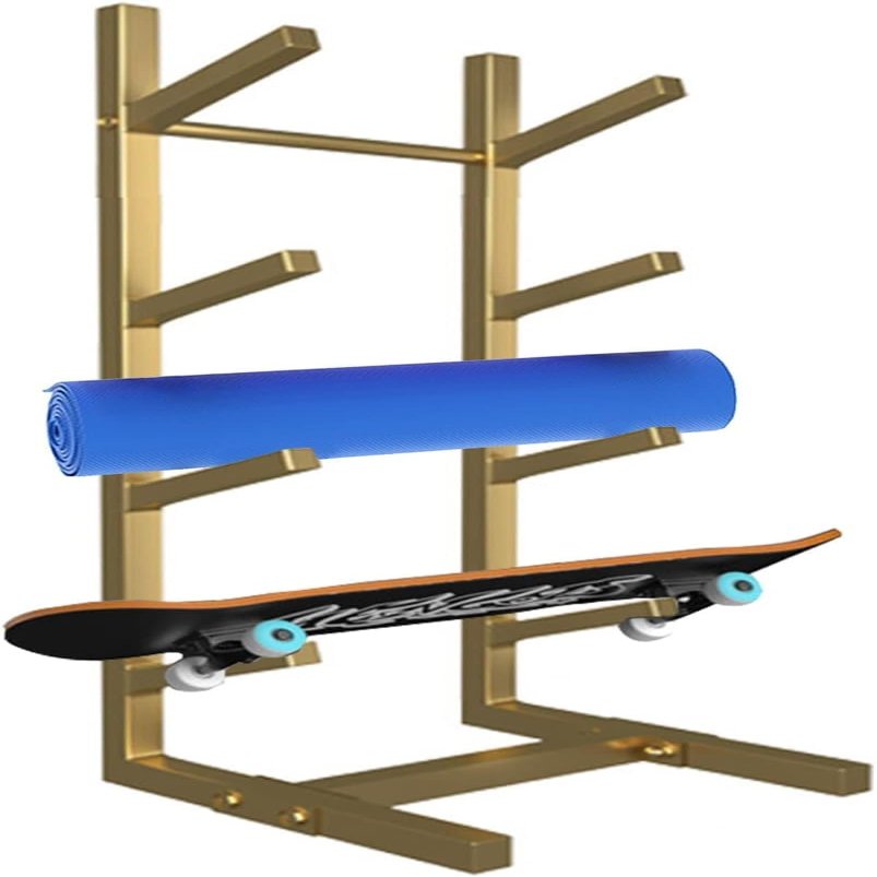 KIZMIQ Metal Skateboard Storage Holder for Deck/Longboard/Standard Skateboards/Scooters, Gold Snowboard Floor Rack, Yoga Mat/Foam Roller Carrier for Fitness Class (Size : 4-Shelf)
