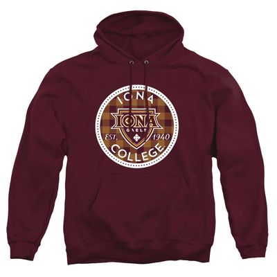Iona College Official Plaid Badge Unisex Adult Pull-Over Hoodie, Maroon, 2X-Large