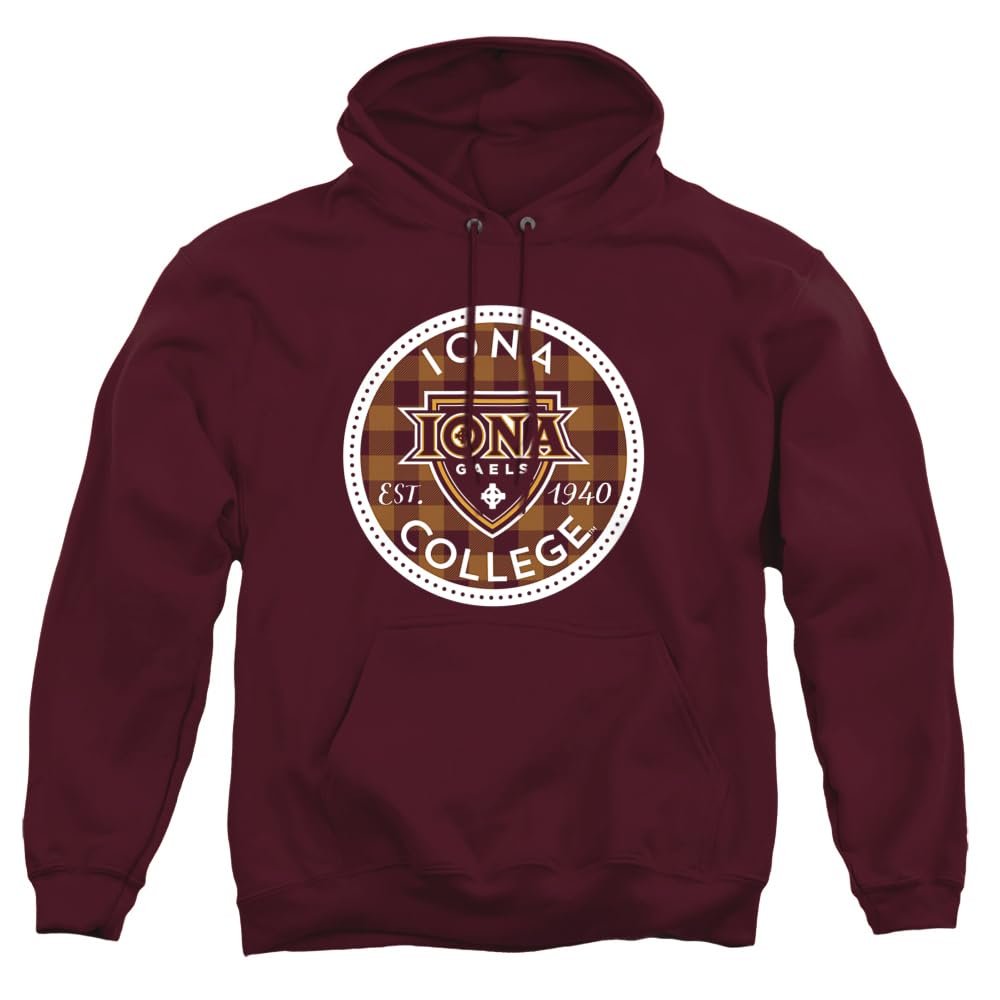 Iona College Official Plaid Badge Unisex Adult Pull-Over Hoodie, Maroon, 2X-Large