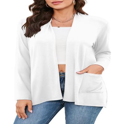 TASAMO Lightweight Plus Size Duster Cardigan Kimono with Pockets Floral Knit Draped Travel Outfits Flowy Cover Up A- White