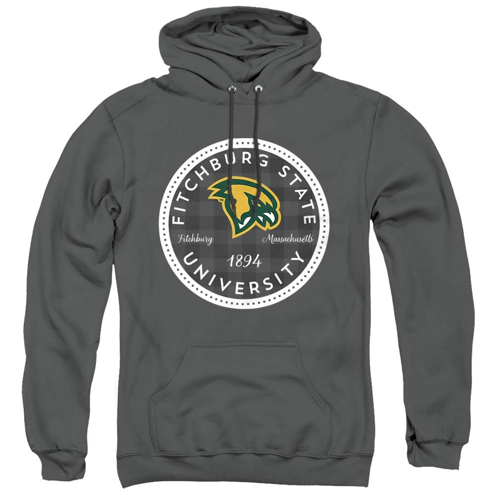 Fitchburg State University Official Plaid Badge Unisex Adult Pull-Over Hoodie, Charcoal, 3X-Large