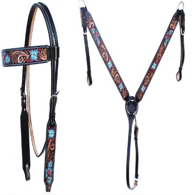 Western Saddle Horse Headstall Bridle Breast Collar Reins Tack Set Leather Floral Tooled Handmade Breastplate 4 Design to Choose Full Cob Pony (Design 01, Full)