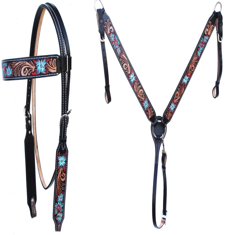 Western Saddle Horse Headstall Bridle Breast Collar Reins Tack Set Leather Floral Tooled Handmade Breastplate 4 Design to Choose Full Cob Pony (Design 01, Full)