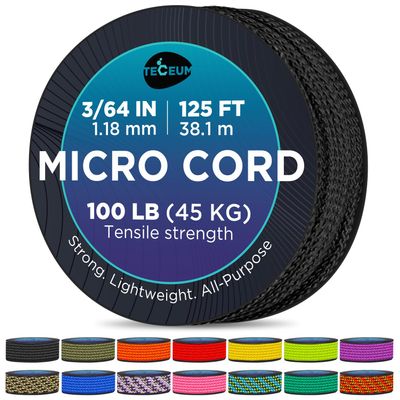 TECEUM Micro Paracord Black 1.18 mm x 125 ft Micro Utility Cord Thin Braided Paracord Rope Nylon Polyester Wind Chime Replacement Survival Strong String 016c