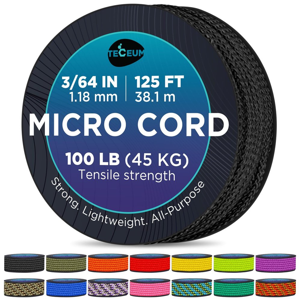 TECEUM Micro Paracord  Black  1.18 mm x 125 ft  Micro Utility Cord  Thin Braided Paracord Rope Nylon Polyester  Wind Chime Replacement  Survival Strong String 016c