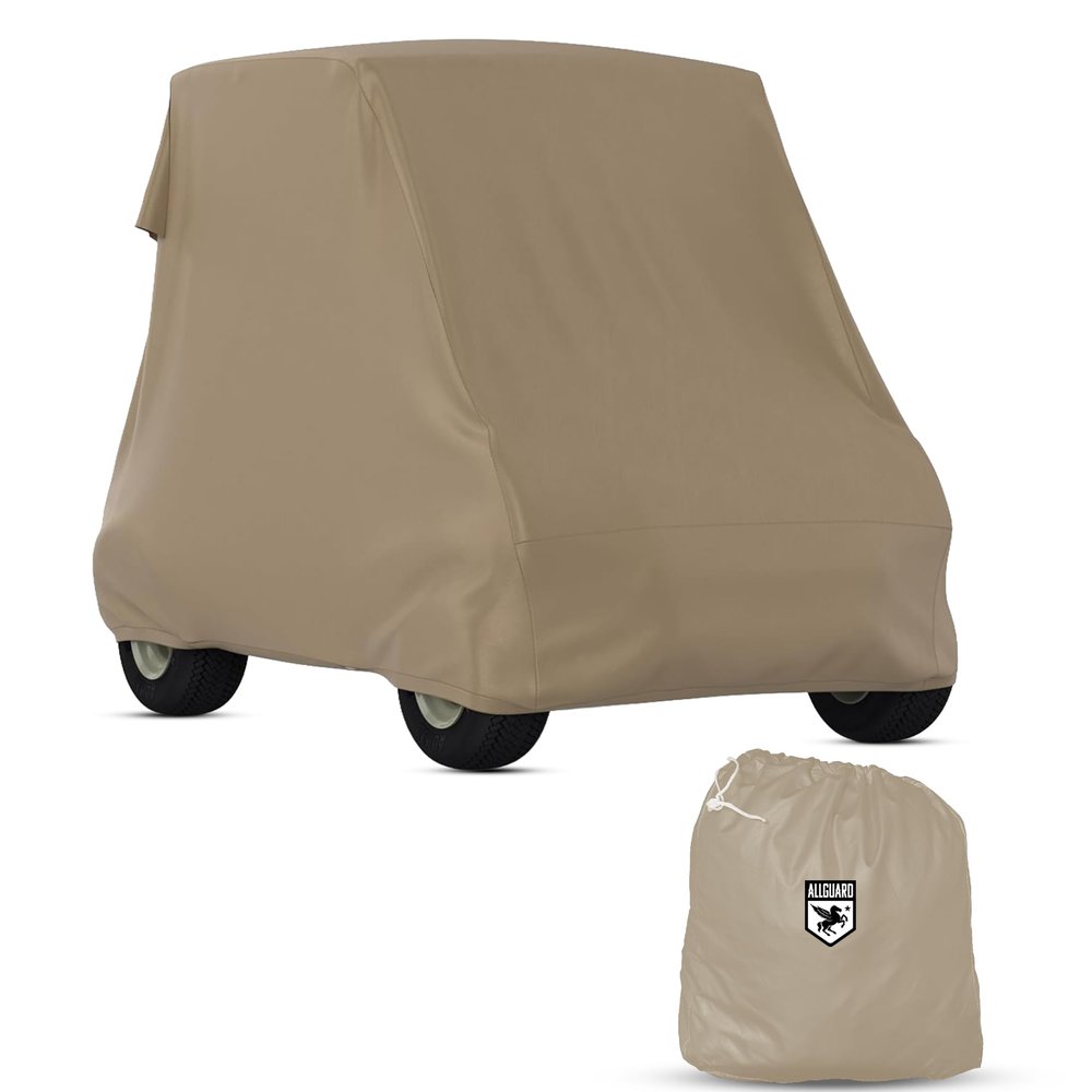 AllGuard Weatherproof Golf Cart Cover, Heavy Duty Polyester, Protects from Rain, Sun, UV & More - Tan (Fits Length: 86" - 106")