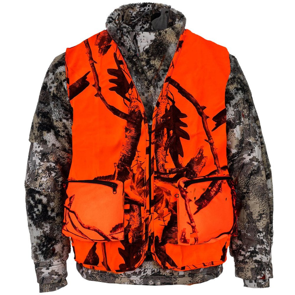 Klarny Outdoors Camo Orange Hunting Vest with Pockets - High Visibility, Waterproof, Ultra-Quiet Deer and Bow Gear Accessories, Size 2XL