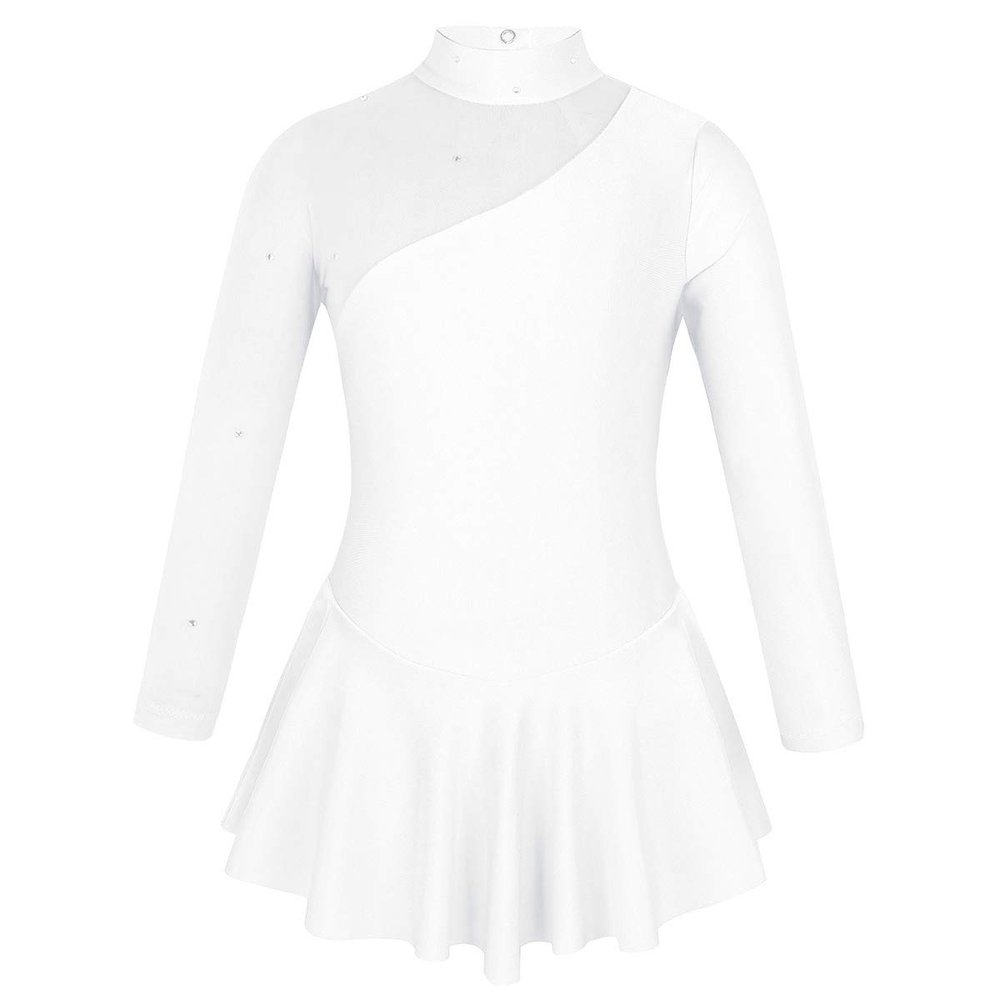 ACSUSS Kids Girls Figure Ice Roller Skating Dress Mock Neck Gymnastics Leotard Ballet Dancewear White 12 Years