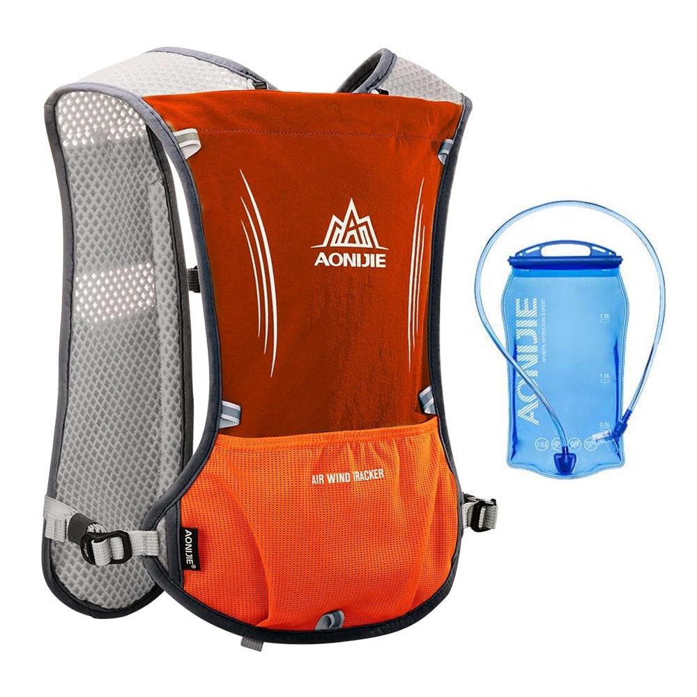 AONIJIE 5L Running Hydration Vest Pack with 1.5L Water Bladder Adjustable & Lightweight Hydration Backpack for Marathon Race Hiking Cycling(Reddish Orange with 1.5L Bladder)
