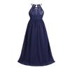 ACSUSS Kids Flower Girls Halter Lace Chiffon Dress Wedding Bridesmaid Maxi Dress Ball Gown Navy Blue 12 Years view 4