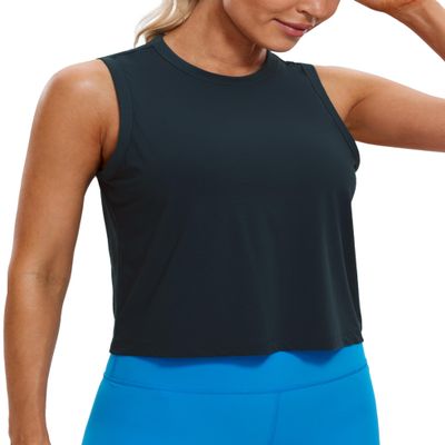 CRZ YOGA Pima Cotton High Neck Cropped Tank Tops for Women Soft Crop Workout Athletic Yoga Basic Sleeveless Shirts True Navy Large