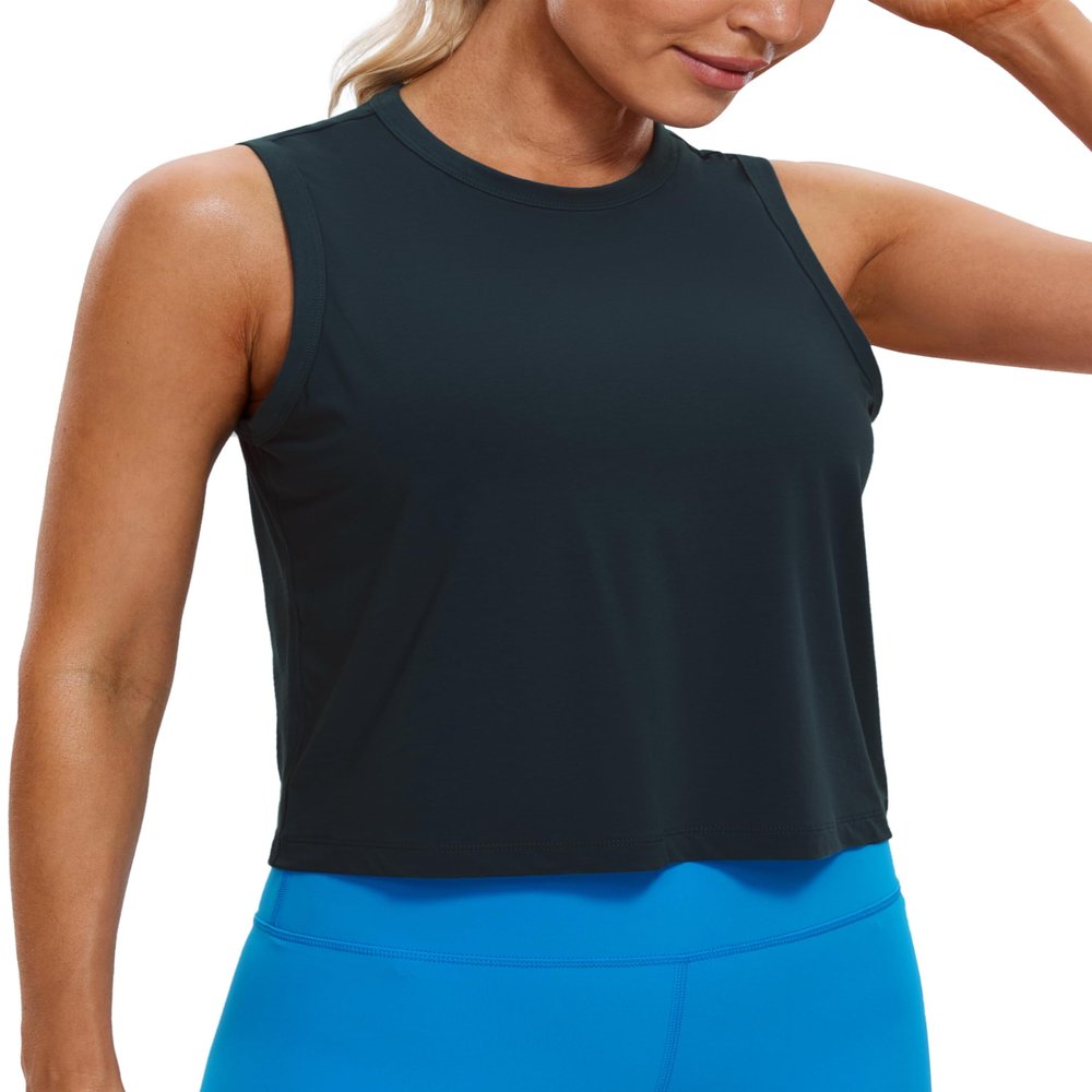 CRZ YOGA Pima Cotton High Neck Cropped Tank Tops for Women Soft Crop Workout Athletic Yoga Basic Sleeveless Shirts True Navy Large
