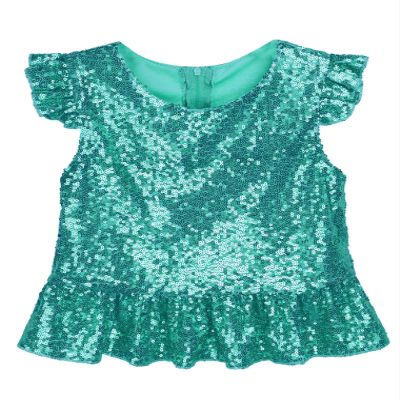 vastwit Kids Girls Shiny Sequins Dance Tops Flutter Sleeve Ruffled Camisole Tank Tops Blouse Modern Dancewear Lake Green 10 Years