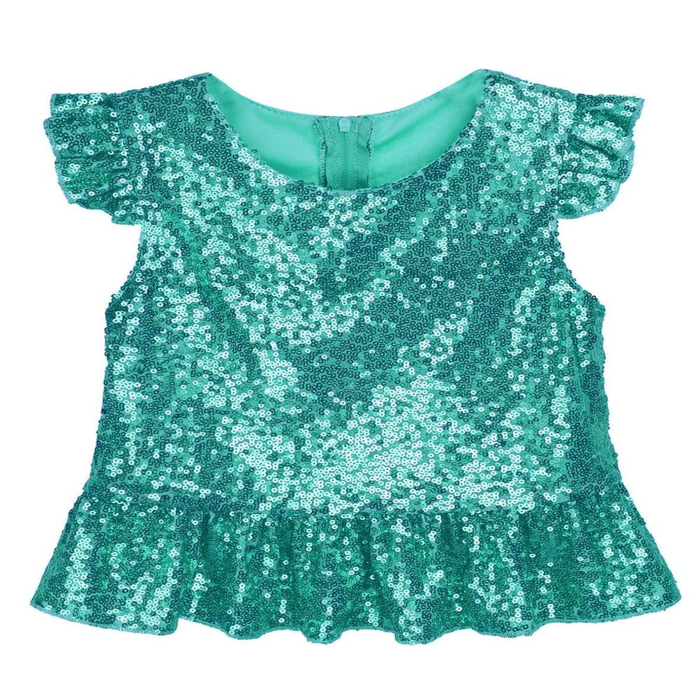 vastwit Kids Girls Shiny Sequins Dance Tops Flutter Sleeve Ruffled Camisole Tank Tops Blouse Modern Dancewear Lake Green 10 Years