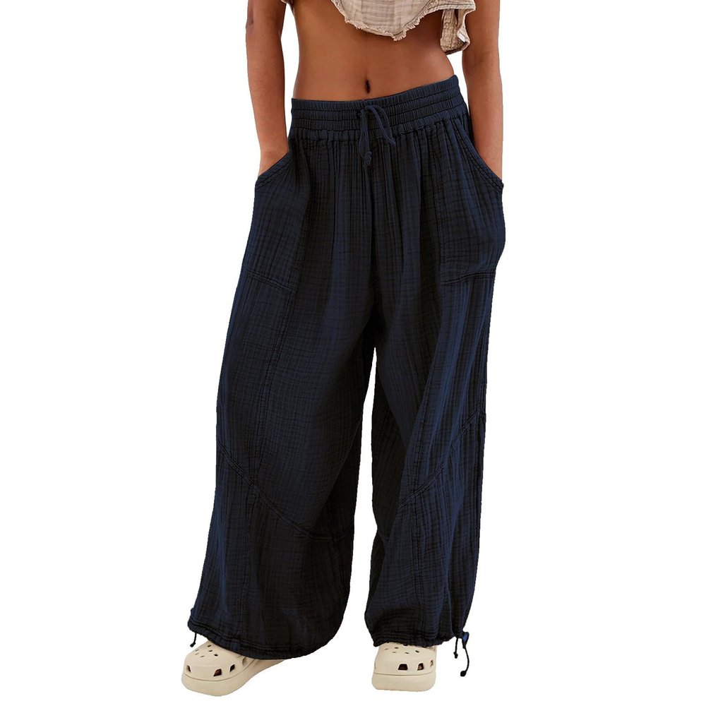 ZYXTIM Women's Boho Harem Pants, Plus Size Smocked Waist Wide Leg Loose Fit Casual Bohemian Hippie Utility Pants with Pockets(Navy,Small)