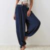 ZYXTIM Women's Boho Harem Pants, Plus Size Smocked Waist Wide Leg Loose Fit Casual Bohemian Hippie Utility Pants with Pockets(Navy,Small) view 2