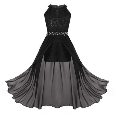 ACSUSS Kids Flower Girls Halter Lace Chiffon Dress Wedding Bridesmaid Maxi Dress Ball Gown Chiffon Black 6 Years