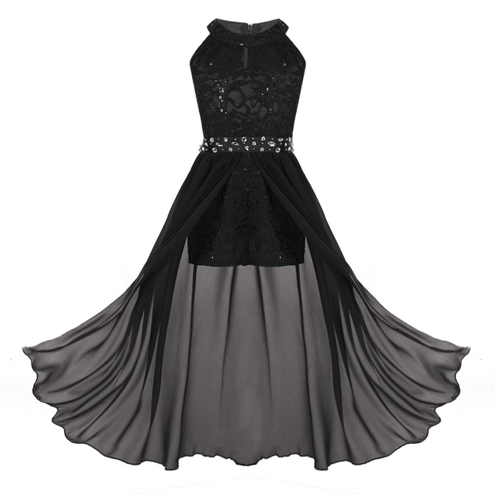 ACSUSS Kids Flower Girls Halter Lace Chiffon Dress Wedding Bridesmaid Maxi Dress Ball Gown Chiffon Black 6 Years