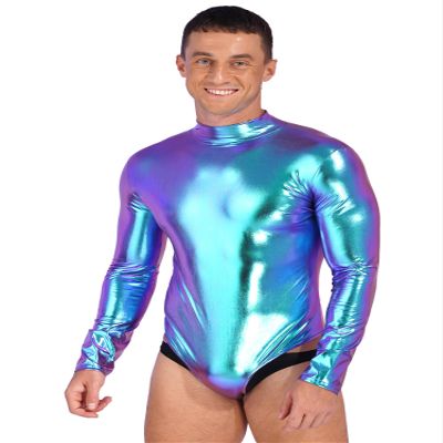 CHICTRY Mens Shiny Metallic Bodysuit Mock Neck Long Sleeves Leotard for Gymnastic Dance Club Blue XX-Large